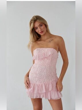 American Threads Light Pink Lace Ruffle Mini Tie Pull Dress